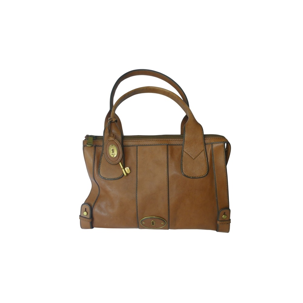 Vintage Fossil Cognac Leather Satchel Reissue Handbag Brass Key Charm Keyhole